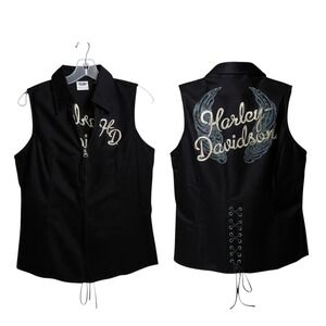 Harley Davidson Vest Women M Black Twill Embroidered  Zip Up Tie Back Motorcycle